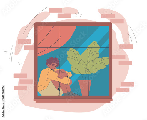 Boy sitting at window. Lonely sad teenager sitting by window with teddy bear. Kid with loneliness, frustration and depression. Flat vector illustration isolated on white background