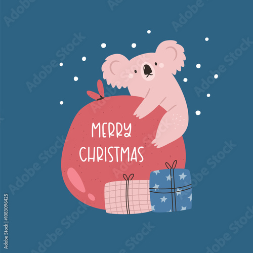 Christmas Greeting Card with Funny Koala in a Santa Hat. Australian Holiday Illustration, Design.