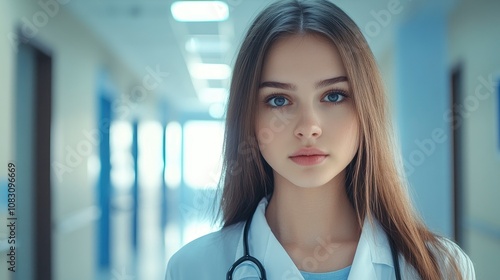 Portrait of a young female doctor in a modern hospital corridor, wearing a lab coat and stethoscope Free Download Portrait of a young female doctor in a modern hospital corridor, wearing a lab coat and stethoscope - GFXLoad
