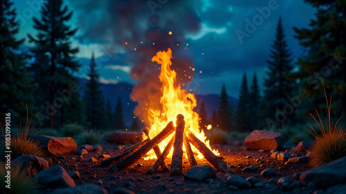 Stunning Close-up of a Roaring Campfire Captured with Hyper-realistic Techniques Against a Dark Blue Sky