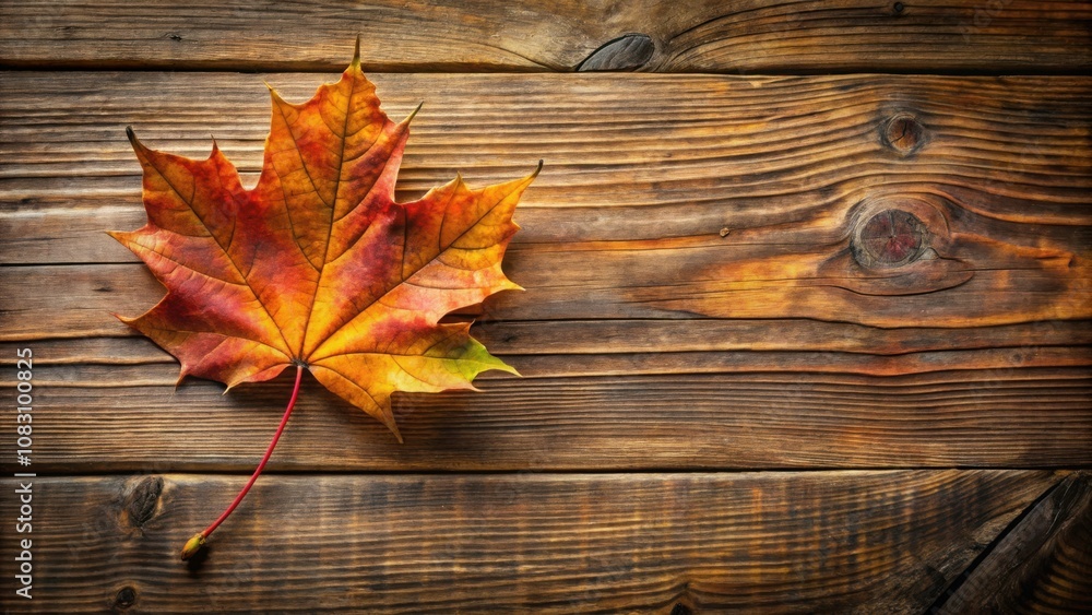 Obraz premium A Single Maple Leaf Resting on Rustic Wooden Planks, A Symbol of Autumn's Tranquil Beauty