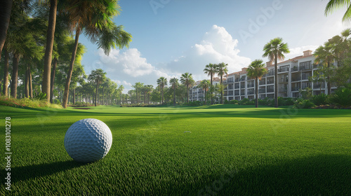 golf ball sits on a green golf course, with palm trees and buildings in the background photo