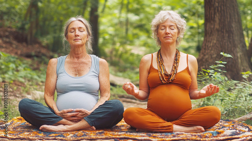 Two older pregnant women engage in breathing exercises led by a doula in a peaceful home setting, fostering calm and mindfulness photo