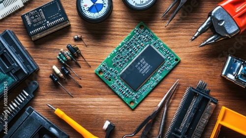 Essential Electronic Tools and Circuit Board Components Spread Across a Wooden Surface for DIY Projects and Engineering Innovations in Technology and Electronics photo