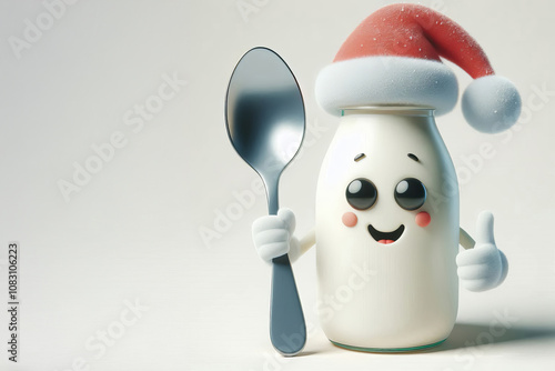 Cheerful bottle of milk wearing mini Christmas hat, holding spoon in left hand. Bright and soft lighting enhances the scene's lightness, making it delightful and perfect for holiday themes