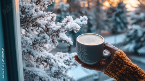 Cozy Winter Scene with a Warm Drink in Hand Surrounded by Snowy Trees and a Beautiful Sunset Glow on a Cold Day photo