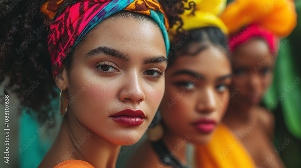 Obraz premium Close-up of diverse women with hair accessories, vibrant lighting