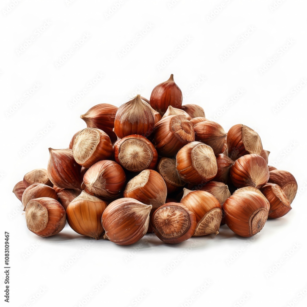 Obraz premium A pile of hazelnuts against a white background.
