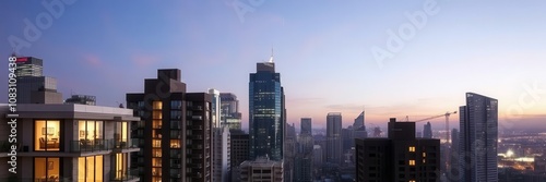 A modern apartment with a stunning view from the top of a luxury condo building, view, skyline, building