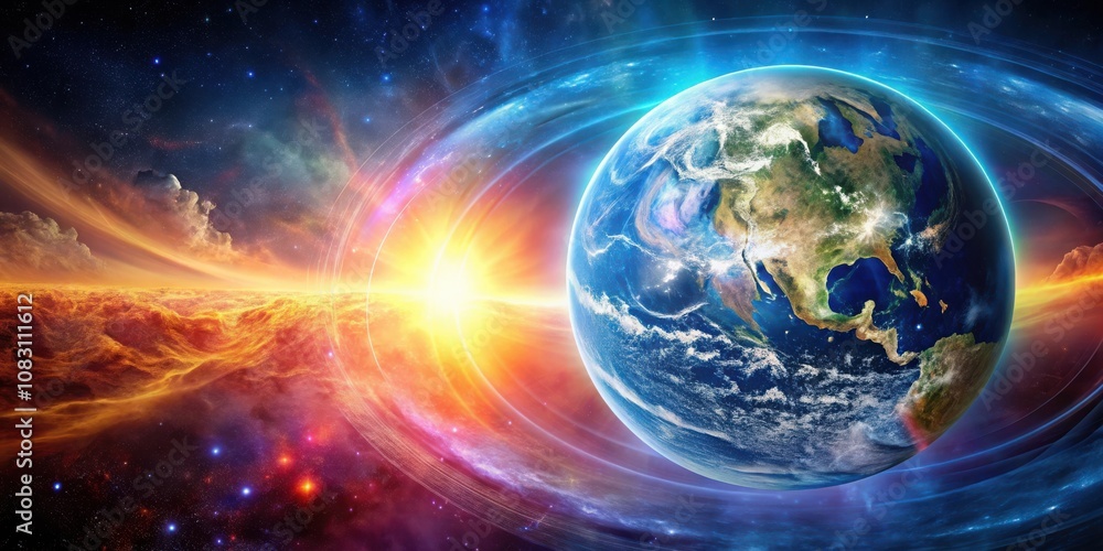 Obraz premium A majestic view of Earth as it orbits through a vibrant cosmic landscape, illuminated by a radiant sun and surrounded by swirling galaxies, stars, and ethereal rings.