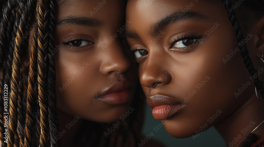 Obraz premium Close-up of women with intricate braids, locs, and buns, soft studio lighting