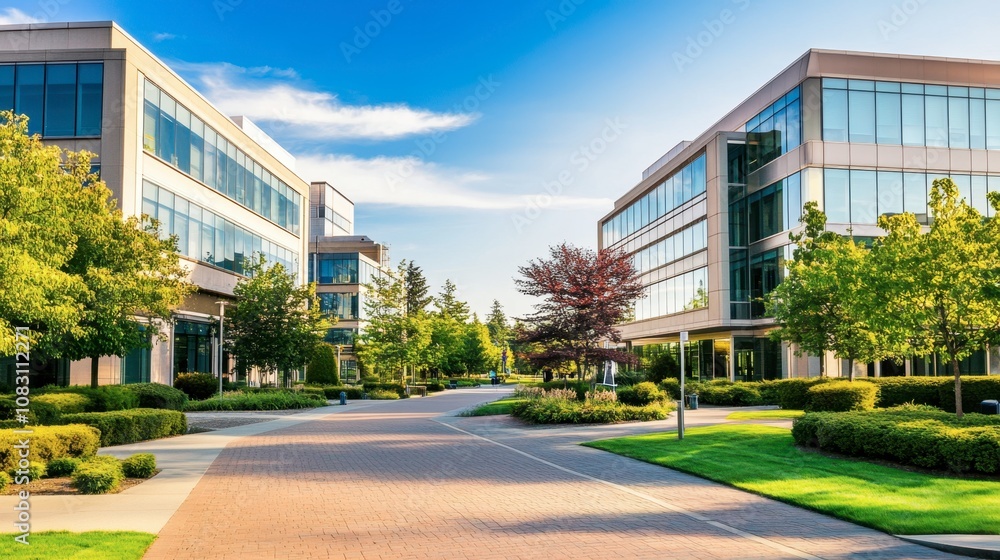 Obraz premium Modern Business Complex with Lush Greenery and Clear Blue Sky, Showcasing Contemporary Architecture and Inviting Walkways for Professionals and Visitors