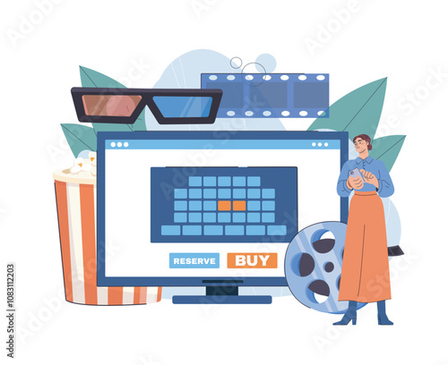 Seat reservation online. Woman buys cinema tickets. Cultural recreation and leisure. Movie and theater. Shopping on internet and ecommerce. Flat vector illustration isolated on white background