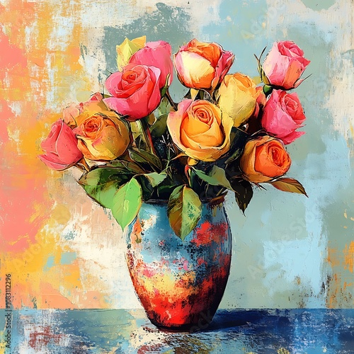 Still Life Painting of a Bouquet of Pink and Yellow Roses in a Blue and Red Vase