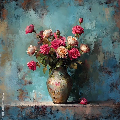 A Still Life Featuring a Bouquet of Pink and White Roses in a Vase