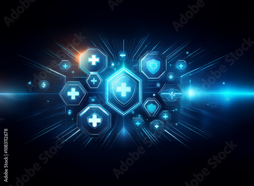 Wallpaper Mural Abstract digital background with glowing blue and white hexagons and symbols, radiating out from the center. Torontodigital.ca