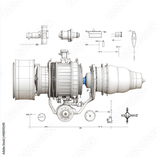 Technical drawing of a jet engine with exploded view and dimensions.