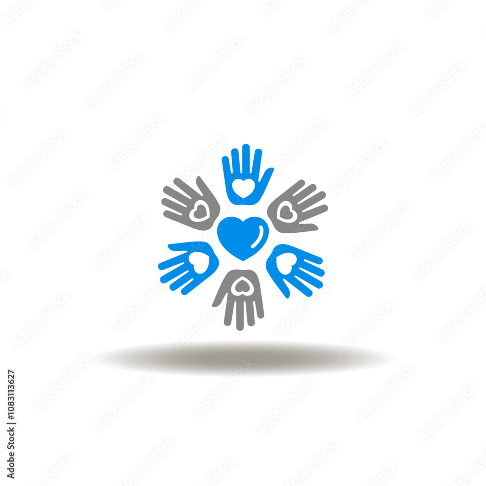 Obraz premium Vector illustration of hands with hearts. Symbol of charity. Icon of volunteer assistance. Sign of care and love.