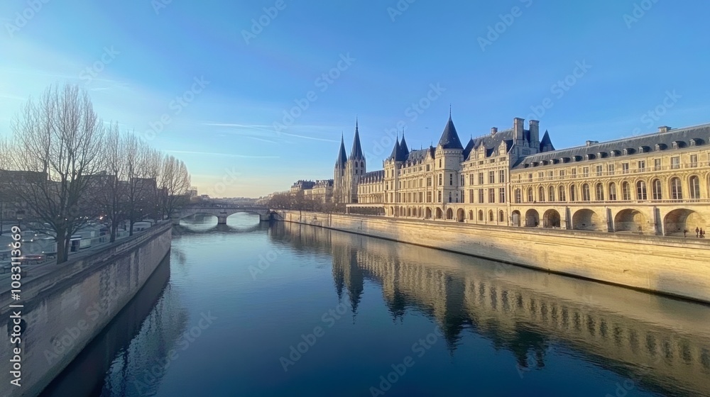 Fototapeta premium Stunning View of Historic Architecture Reflected in Calm River under Clear Blue Sky in Paris, France at Sunrise