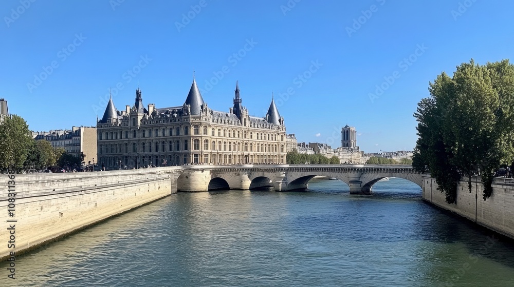 Fototapeta premium Scenic View of Historic Architecture Overlooking River with Clear Blue Sky and Beautiful Bridge in Paris, France Capturing the Essence of European Culture and Heritage