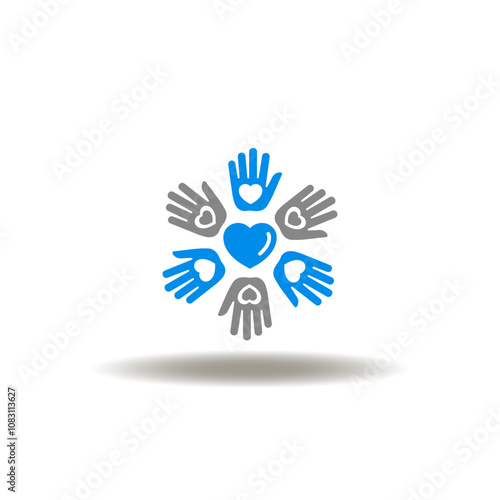 Vector illustration of hands with hearts. Symbol of charity. Icon of volunteer assistance. Sign of care and love.