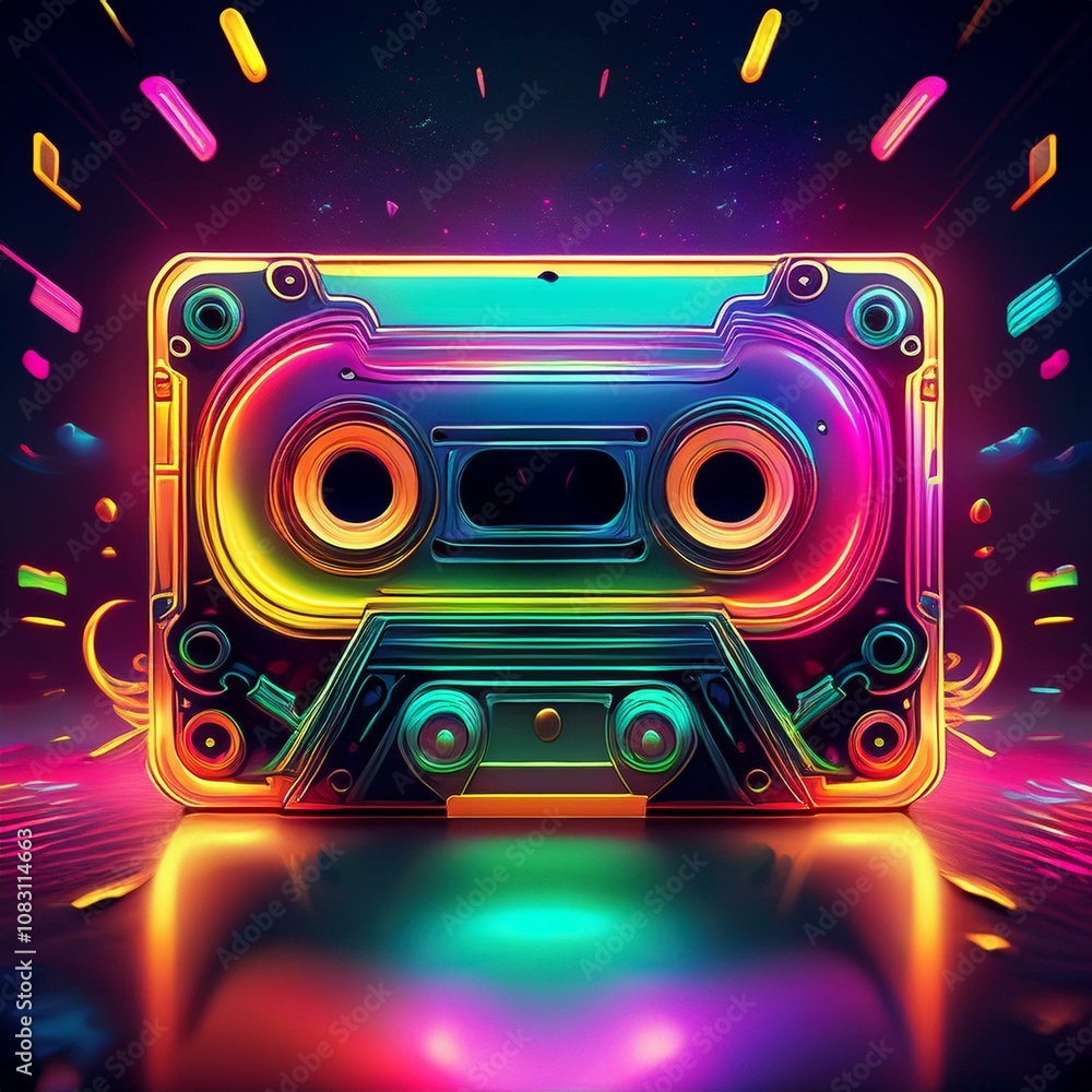 Obraz premium Neon cassette. 90s nostalgia. Listening to music