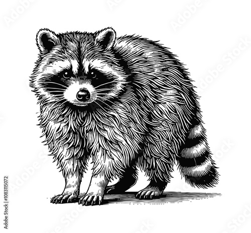 racoon engraving black and white outline