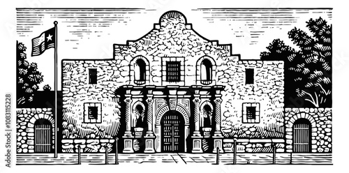 Alamo engraving black and white outline