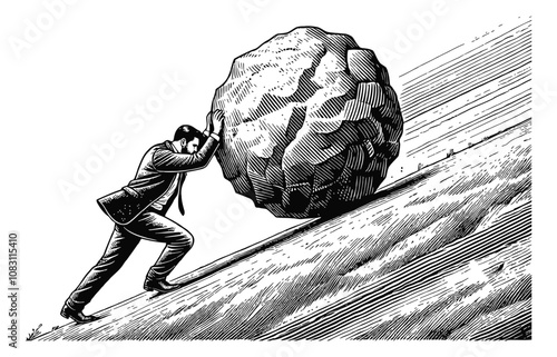 man in a suit pushing a large boulder up a hill engraving black and white outline