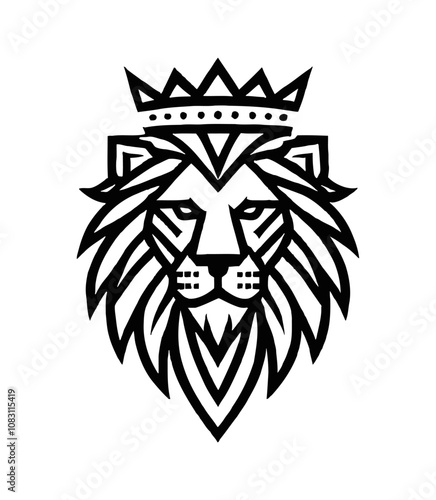 lion head king crown engraving black and white outline