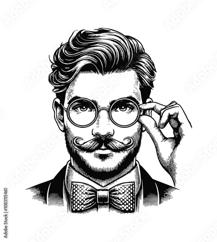 man with a mustache, wearing a bow tie, adjusting round glasses engraving black and white outline