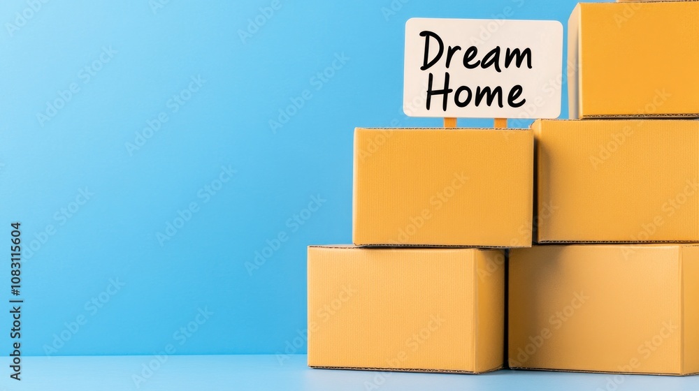Obraz premium A stack of boxes topped with a Dream Home sign showcases the anticipation of settling into a new place with natural lighting