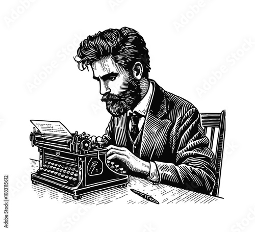 man sitting at a desk, typing on a typewriter engraving black and white outline