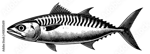 mackerel fish engraving black and white outline