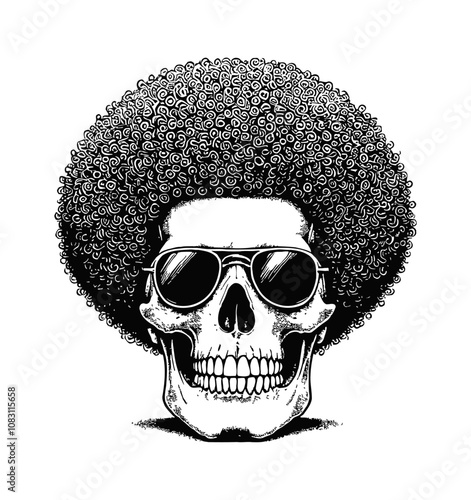 human skull with an afro hairstyle engraving black and white outline