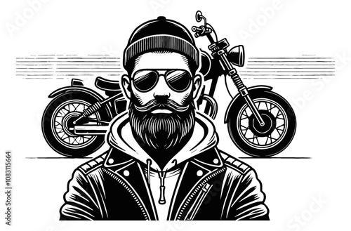 bearded old man in sunglasses and a cap with motorcycle engraving black and white outline