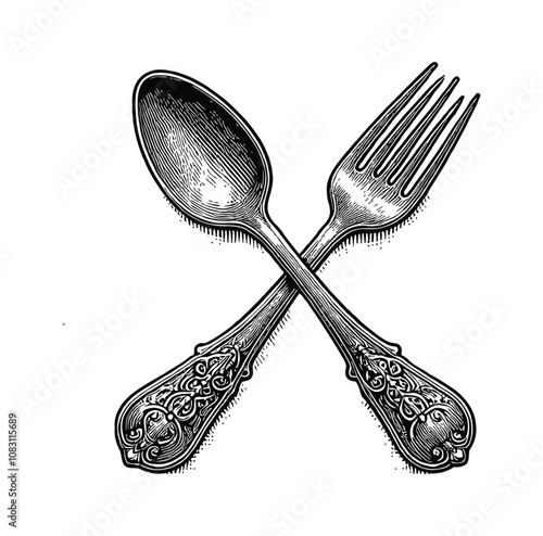 spoon and fork antique engraving black and white outline