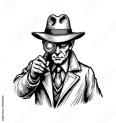 detective holding a magnifying glass engraving black and white outline
