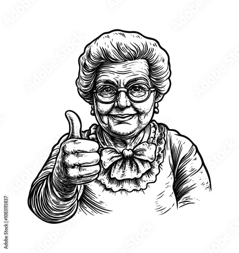 grandma show thumb up engraving black and white outline
