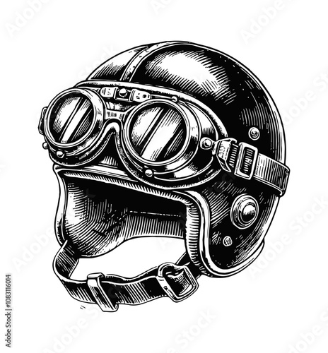 retro motorcycle helmet with goggles engraving black and white outline