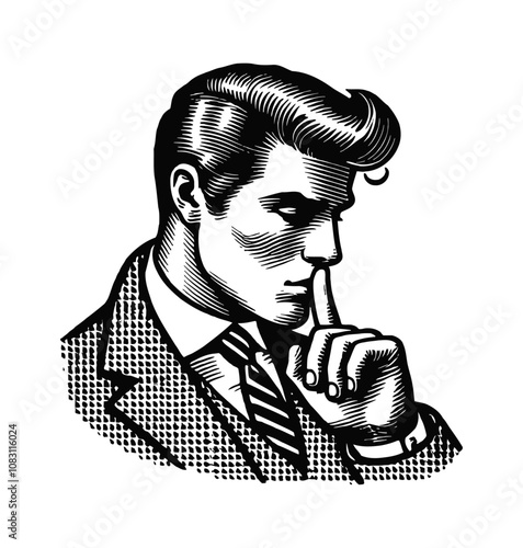 retro man finger silence pose engraving black and white outline