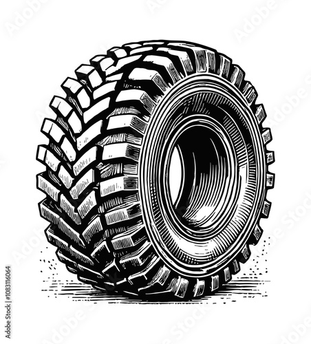 tractor tire engraving black and white outline