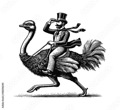 man in a top hat riding an ostrich engraving black and white outline