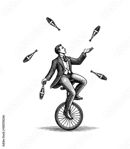 man juggling while riding a unicycle engraving black and white outline