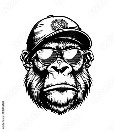 gorilla cap sunglasses engraving black and white outline