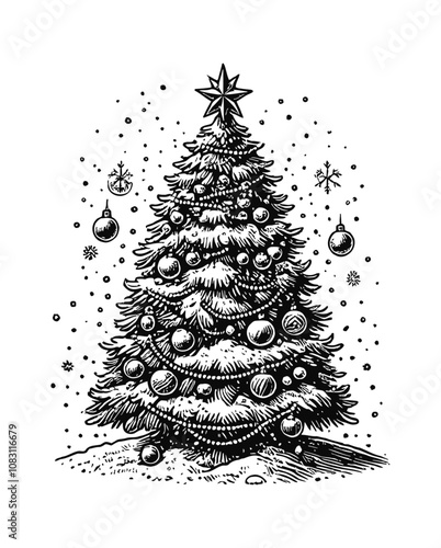 Christmas tree engraving black and white outline