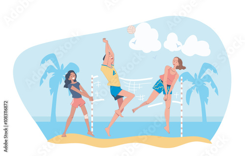 Summer beach volleyball. Men and women play volleyball at sea. Active lifestyle and team sports. Hobby and leisure. Fitness and exercise. Flat vector illustration isolated on white background