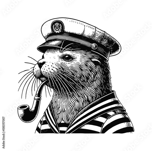 seal with sailor costume and smoking pipe engraving black and white outline