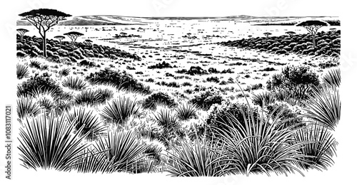 African savanna field engraving black and white outline