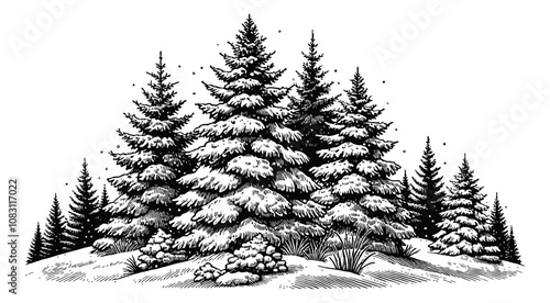 snow covered fir trees engraving black and white outline